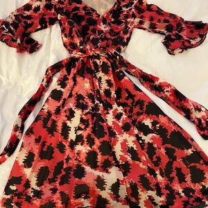 Yoana Baraschi Red & Black Abstract Print Ruffle V-Neck Midi Dress XS